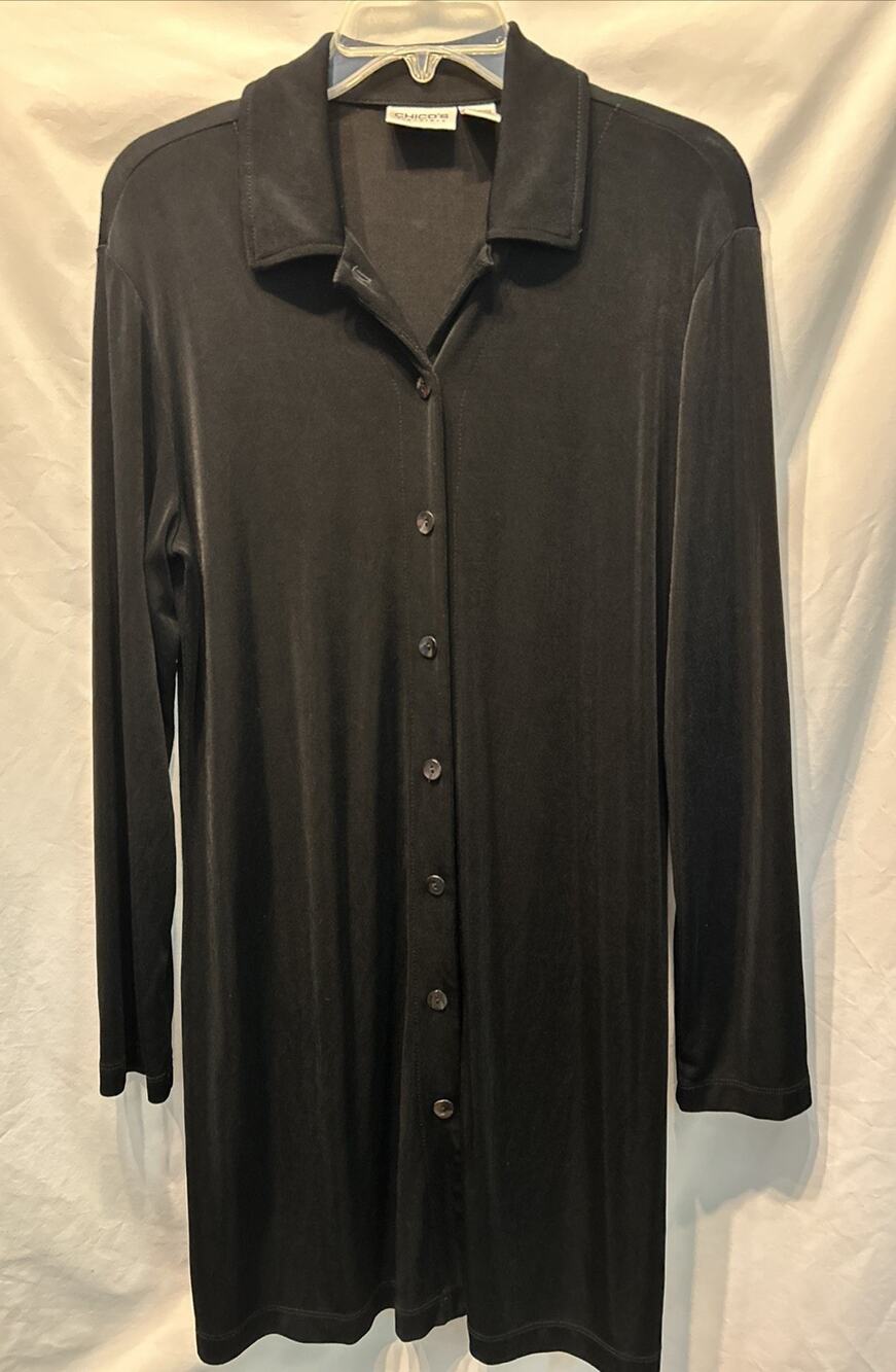 Chico’s Travelers Shirt Dress Women’s Large Black Minimalist Travel Slinky Knit